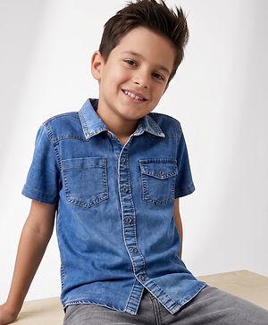 Pine Kids Cotton Woven Solid Denim Shirt with Half Sleeves in Blue