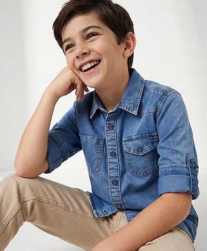 Pine Kids Cotton Woven Denim Shirt with Full Sleeves - Blue