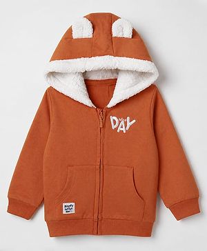 Babyhug 100% Cotton Knit Full Sleeves Front Open Hooded Sweatshirt with Nice Day Embroidery & Ear Applique - Rust Orange