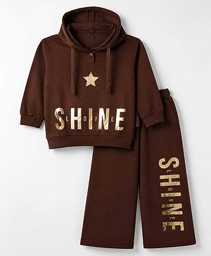 Pine Kids Cotton Looper Knit Full Sleeves Co-ord Hooded T-Shirt and Pant with Star & Shine Love Text Foil Print - Brown