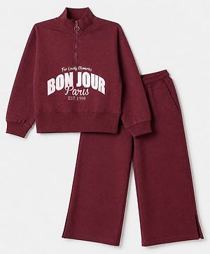 Pine Kids Looper Knit Full Sleeves Winter Wear Suit With Text Print - Wine