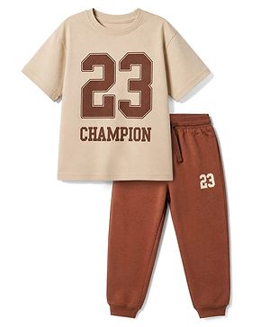 Pine Kids 100% Cotton Knit Half Sleeves T-Shirt and Joggers Set with Text Print - Brown
