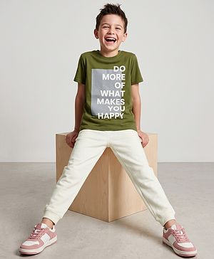 Pine Kids 100% Cotton Single Jersey Knit Half Sleeves T-Shirt and Jogger with Bio wash and Do More of What Makes You Happy Text Print - Green