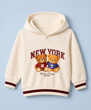 Babyhug 100% Cotton Knit Front Open Heavy Gauge Hooded Sweatshirt with Full Sleeves and Bear Print - Cream