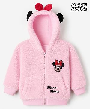 Babyhug Disney 100% Cotton Terry Knit Hooded Sweatjacket with Full Sleeves and Minnie Mouse Patch, Ear & Bow Applique & Embroidery - Light Pink