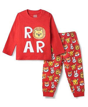 Babyhug 100% Cotton Knit Full Sleeves T-Shirt & Pyjama Night Suit with Roar Lion Print - Maroon