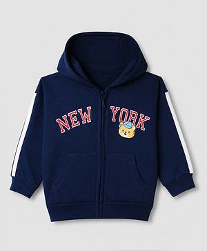 Babyhug 100% Cotton Knit Front Open Heavy Gauge Hooded Sweatshirt with Full Sleeves and New York Text & Tiger Print - Navy Blue