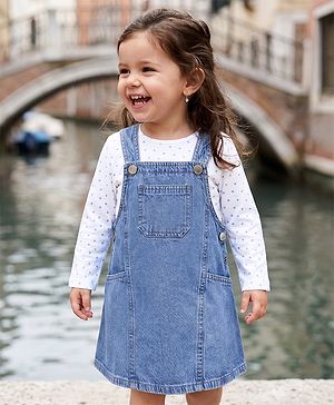 Babyhug Cotton Woven Full Sleeves Frock and Inner Tee with Polka Dots Print in Blue for 6-9 Months