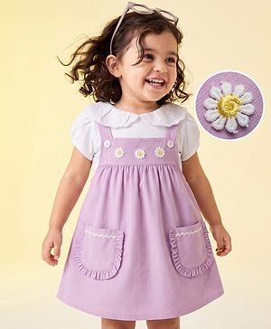 Babyhug 100% Cotton Woven Half Sleeves Frock with Inner Tee and Floral Embroidery - Lavender