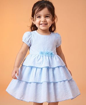 Babyhug Cotton Woven Tiered Checked Frock with Half Sleeves and Floral Applique - Blue