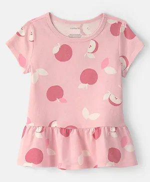 Carter's Cotton Knit Half Sleeves Tropical Theme Printed Peplum Top - Pink