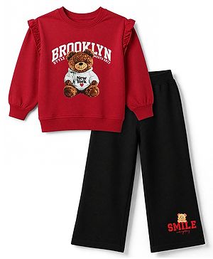 Pine Kids Cotton Mixes Looper Knit Full Sleeves Sweatshirt and Jogger Set with Bear Print -Maroon & Black