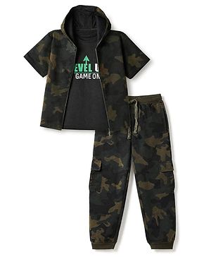 Pine Kids Looper Knit Half Sleeves Hooded Jacket & Joggers Set With Camouflage Print & Inner Tee - Black