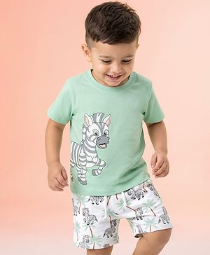 Babyhug 100% Cotton Single Jersey Knit Half Sleeves T-shirt and Shorts Set With Zebra Print - Green