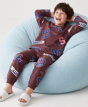 Pine Kids Cotton Knit Full Sleeves Co-Ords T-Shirt & Pyjama Night Suit with Sports Theme Print - Brown