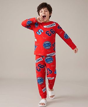 Pine Kids Cotton Knit Full Sleeves Co-Ords T-Shirt & Pyjama Night Suit with Sports Theme Print - Red