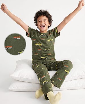 Pine Kids Cotton Knit Half Sleeves Co-Ords T-Shirt & Pyjama Night Suit with Vehicle Print - Olive Green