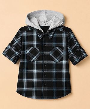 Pine Kids Cotton Woven Hooded Shirt with Full Sleeves and Buffalo Checks Print in Blue