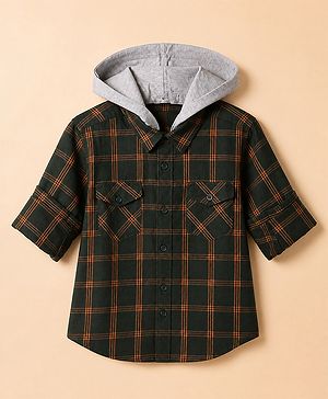 Pine Kids Cotton Woven Hooded Shirts with Full Sleeves in Olive Green