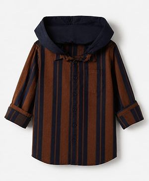 Pine Kids 100% Cotton Woven Hooded Shirts with Full Sleeves and Striped Print in Brown for 4-5 Years
