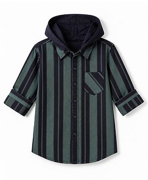Pine Kids 100% Cotton Woven Hooded Shirts with Full Sleeves and Striped Print in Green for 4-5 Years