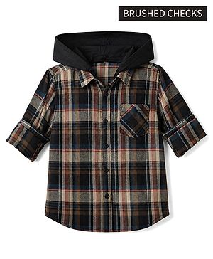 Pine Kids 100% Cotton Woven Hooded Shirt with Full Sleeves and Tartan Plaid Print in Brown