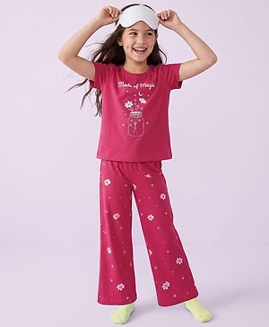 Pine Kids 100% Cotton Single Jersey 180 GSM Knit Half Sleeves T-Shirt & Pyjama Night Suit with Made of Magic Text & Floral Print with Bio Wash - Magenta