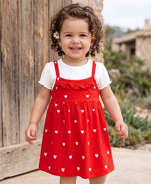 Babyhug Cotton Knit Frock with Inner Tee with Half Sleeves and Heart Print in Red