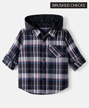 Pine Kids 100% Cotton Woven Hooded Shirt with Full Sleeves in Grey