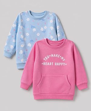 Babyhug 100% Cotton Knit Sweatshirts With Full Sleeves And Heart Happy Print Pack Of 2 - Pink & Blue