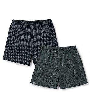 Pine Kids Cambric Woven Boxers With Polka Dot Floral Print Pack of 2 - Black Green