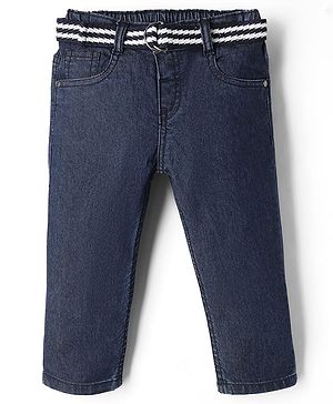 Babyhug Cotton Poly Denim Washed Jeans With Stretch Belt - Dark Blue