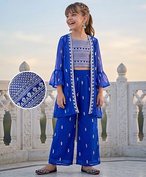 Pine Kids Georgette Woven Full Sleeves Indo Western Set With Floral Embroidery & Sequin Detailing - Royal Blue
