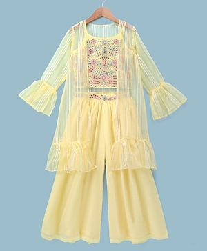Pine Kids Woven Indo Western Set with Full Sleeves and Floral Pattern Embroidery in Yellow for 4-5 Years
