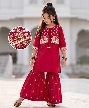 Pine Kids Woven Three Fourth Sleeves Kurti and Sharara with and Floral Embroidery - Maroon