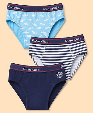 Pine Kids Cotton Elastane Knit Briefs With Shark & Stripe Print Pack of 3 - Black, Navy & Light Blue