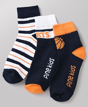 Pine Kids Cotton Mix Knit Ankle Length Socks With Brand Logo Print Set of 3 - Orange, White & Black
