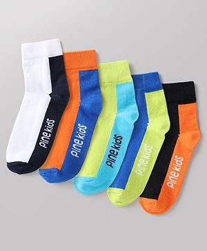 Pine Kids Cotton Mix Knit Ankle Length Socks With Brand Logo Print Set of 5 - Blue, White & Black