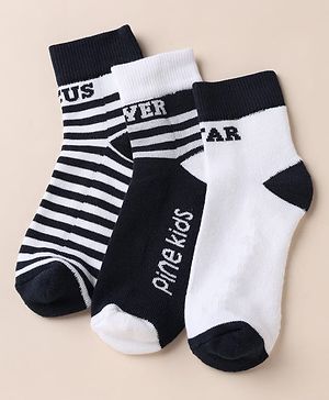 Pine Kids Cotton Blend Knit Ankle Length Striped Socks Pack of 3 - White Black