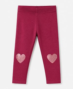 Babyhug Cotton Elastane Leggings with Full Length and Heart Foil Print in Maroon