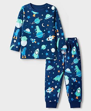 Babyhug 100% Cotton Knit Full Sleeves Co-Ords T-Shirt & Pyjama Night Suit with Space & Dinosaur Print - Navy Blue