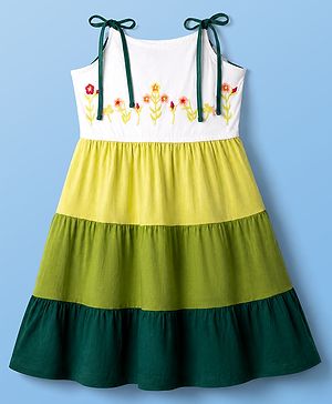 Pine Kids 100% Cotton Knit Frock with Sleeveless and Flowers Embroidery in Olive Green