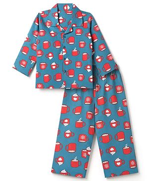 Babyhug 100% Cotton Woven Full Sleeves Co-Ords Shirt & Pyjama Night Suit with Coffee Mug Print - Green