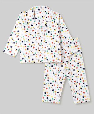 Babyhug 100% Cotton Woven Full Sleeves Co-Ords Shirt & Pyjama Night Suit with Star Print - White
