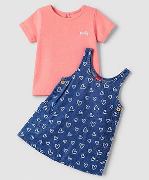 Babyhug Denim Woven Frock with Inner Tee with Half Sleeves and Hearts Print - Blue