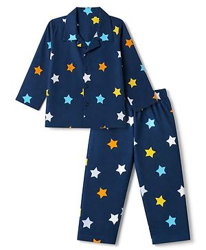Babyhug Cotton Woven Full Sleeves Front Open Co-ord Shirt & Pajama Night Suit with Stars Print - Navy Blue