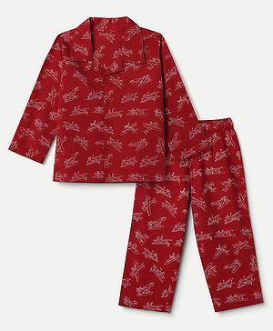 Babyhug 100% Cotton Woven Full Sleeves Co-Ords Shirt & Pyjama Night Suit with Aircraft Print - Maroon