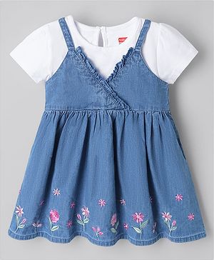 Babyhug Denim Woven Frock With Inner T-Shirt with Half Sleeves and Floral Embroidery in Blue