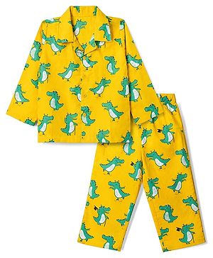 Babyhug Cotton Woven Full Sleeves Front Open Shirt & Pyjama Co-Ords Set With Dinosaur Print - Yellow