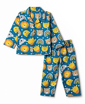Babyhug Cotton Woven Full Sleeves Front Open Shirt & Pyjama Co-Ords Night Suit With Rainbow & Animal Print - Blue